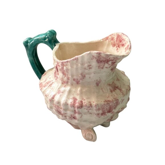 Great Bay Pottery Handcrafted Pink Spongeware Creamer Pitcher with Green Handle - Picture 2 of 11